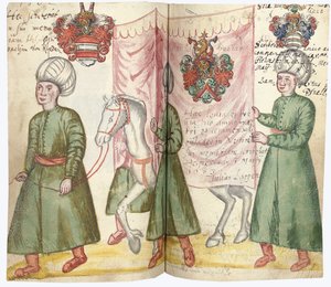 Páginas del Álbum Amicorum de Julius Pflug, incluyendo traje turco y escudos de armas, 1600-13 de European School