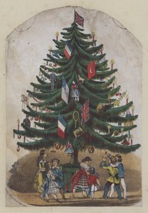 Personas bajo un árbol de Navidad, tarjeta de felicitación (litografia en color)