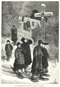 Personas con raquetas de nieve regresando de la iglesia el domingo, Canadá