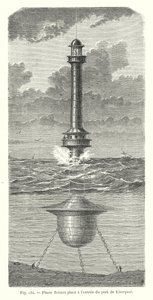 Faro flotante colocado en la entrada del puerto de Liverpool (grabado)