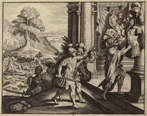 Filisteos poniendo la cabeza de Saúl en el templo de su dios Dagón (grabado)