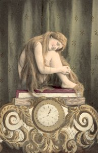 Retrato de una niña sentada encima de un reloj (litografía en color) de European School