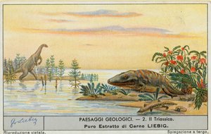 Mundo prehistórico, tarjeta Liebig, principios del siglo XX (cromo) de European School