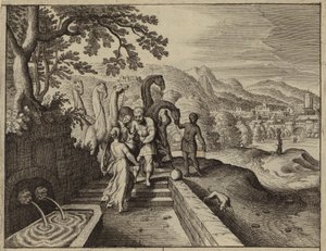 Rebeca dando agua al sirviente de Abraham, Eliezer y sus camellos (grabado) de European School