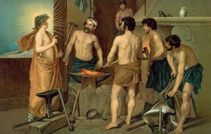 Santa apareciéndose a los herreros en una fragua (cromolito)