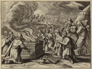 Samuel y los israelitas confesando sus pecados a Dios en Mizpa antes de derrotar a los filisteos (grabado) de European School