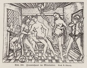 Escena en un Frauenhaus, un burdel alemán de finales de la Edad Media (grabado) de European School