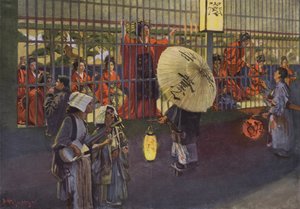 Escena en el barrio Yoshiwara de Tokio, Japón (litografía en color) de European School