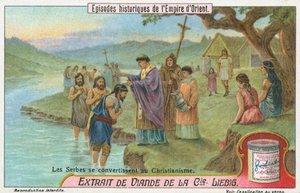 Serbios convertidos al cristianismo, tarjeta Liebig, principios del siglo XX (cromo) de European School