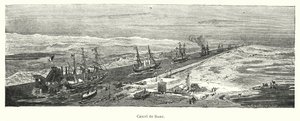 Barcos pasando por el Canal de Suez, Egipto (litografía)