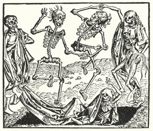 Esqueletos de una danza de la muerte medieval de European School