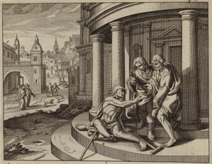 San Pedro curando a un mendigo cojo en el nombre de Jesucristo (grabado) de European School