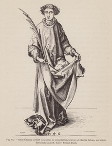 San Esteban llevando una hoja de palma de mártir y las piedras utilizadas en su martirio (grabado) de European School