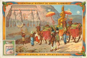 Estatua de Osiris visitando el templo de Ipsambul, tarjeta Liebig, principios del siglo XX (cromo) de European School