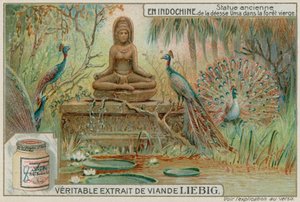 Estatua de la Diosa Uma en un Bosque con Pavos Reales de European School
