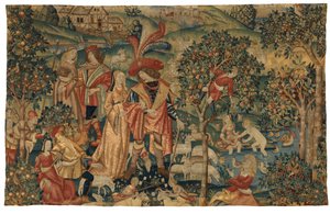 Tapiz que representa una escena pastoral con recogida de fruta, o El señor en su parque o Alianza rural y recogida de fruta, c.1500 (lana y seda) de European School