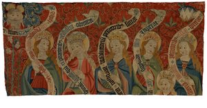 Fragmento de tapiz que representa al Todopoderoso y a seis santas mujeres, probablemente de un antependium, finales del siglo XV (lana)