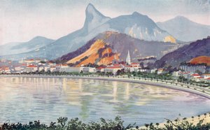 La parte de Botafogo de la Avenida de la Bahía de Río, dominada por el monte Corcovado (litografía en color)