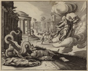 La bestia del abismo matando a los dos testigos antes de ser llamados al cielo (grabado) de European School