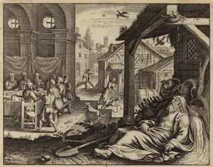 Tobit cegada por los excrementos de los gorriones (grabado)