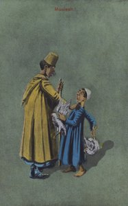 Dos hombres discutiendo sobre pollos (litografía en color) de European School
