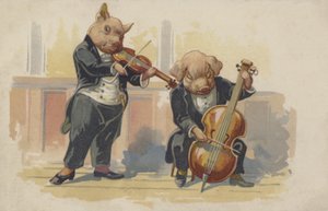 Dos cerdos tocando instrumentos musicales (litografía en color) de European School