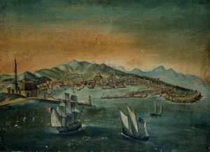 Vista de un puerto con un faro en un promontorio, c.1800
