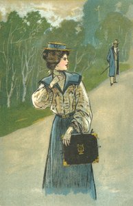 Mujer en el bosque vigilada por un hombre (litografía en color)