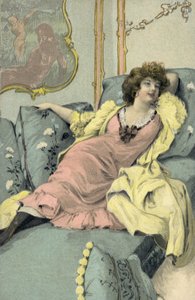Mujer recostada en un sofá (litografía en color) de European School
