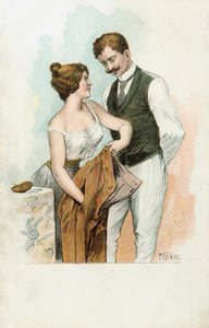 Mujer utilizando sus artimañas femeninas para sacar dinero del bolsillo de un hombre (litografía en color) de European School