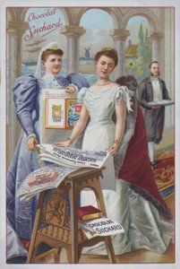 Mujer con un periódico, anuncio de chocolate Suchard de European School