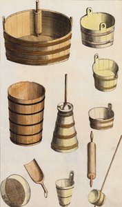 Herramientas y vasijas de madera (litografía en color) de European School