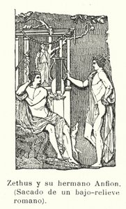 Zeto y Anfión, hijos gemelos de Zeus, bajorrelieve romano (litografía) de European School