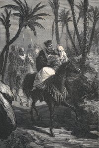 Cervantes monta a caballo con una mujer en un oasis de Eusebio Planas