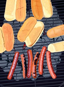6 perritos calientes a la parrilla, lado sur de Streef (arte digital)