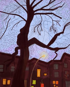 Brooklyn Brownstone Street At Dusk, 2016 (dibujado a mano en un iPad con un lápiz de Apple). de Evan Sklar