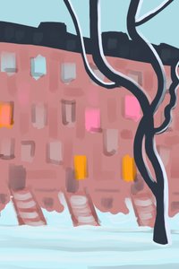 Brownstones en la nieve (arte digital) de Evan Sklar