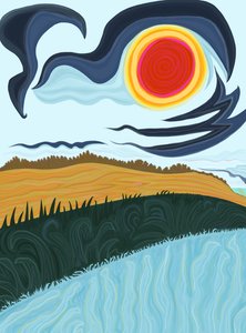Campo, hierba y cielo en la costa del mar (arte digital) de Evan Sklar