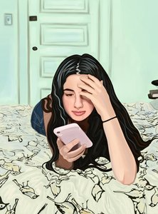 Chica en la cama mirando el teléfono inteligente (arte digital) de Evan Sklar