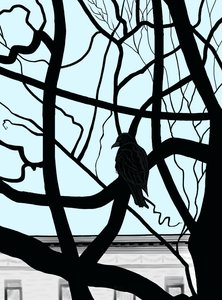 Halcón en rama en la ciudad (arte digital) de Evan Sklar