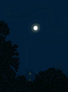 Casa con frontón y luna de noche Sombras de árboles (arte digital)