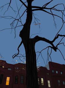 Casas y árboles de noche, Brooklyn. (arte digital)