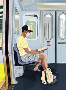 Hombre en calzoncillos leyendo un libro en el metro, c.2020-24 (arte digital) de Evan Sklar