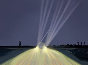 Hombre caminando por el aparcamiento de Lighthouse Beach por la noche, Chatham, Mass (arte digital) de Evan Sklar
