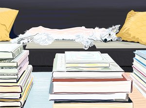 Minnie en el sofá con libros, c.2020-24 (arte digital) de Evan Sklar