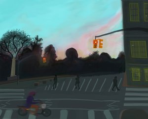 Orange Scooter,Grand Army Plaza, Brooklyn, 2016 (dibujado a mano en un iPad con un lápiz de Apple).