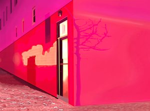 Luz roja de la sirena y sombras de un pequeño árbol en el lateral de un edificio de la calle 12 en una noche nevada (arte digital) de Evan Sklar