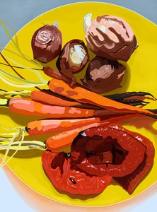 Verduras asadas en plato amarillo, Brooklyn (arte digital)
