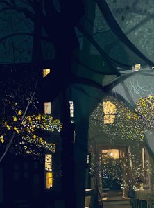 Sombras en la ventana y vista de la calle por la noche (arte digital) de Evan Sklar