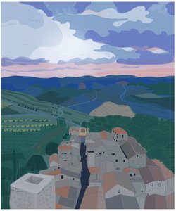Small Village In Tuscany, 2015 (dibujado a mano en un iPad con un lápiz Apple) de Evan Sklar